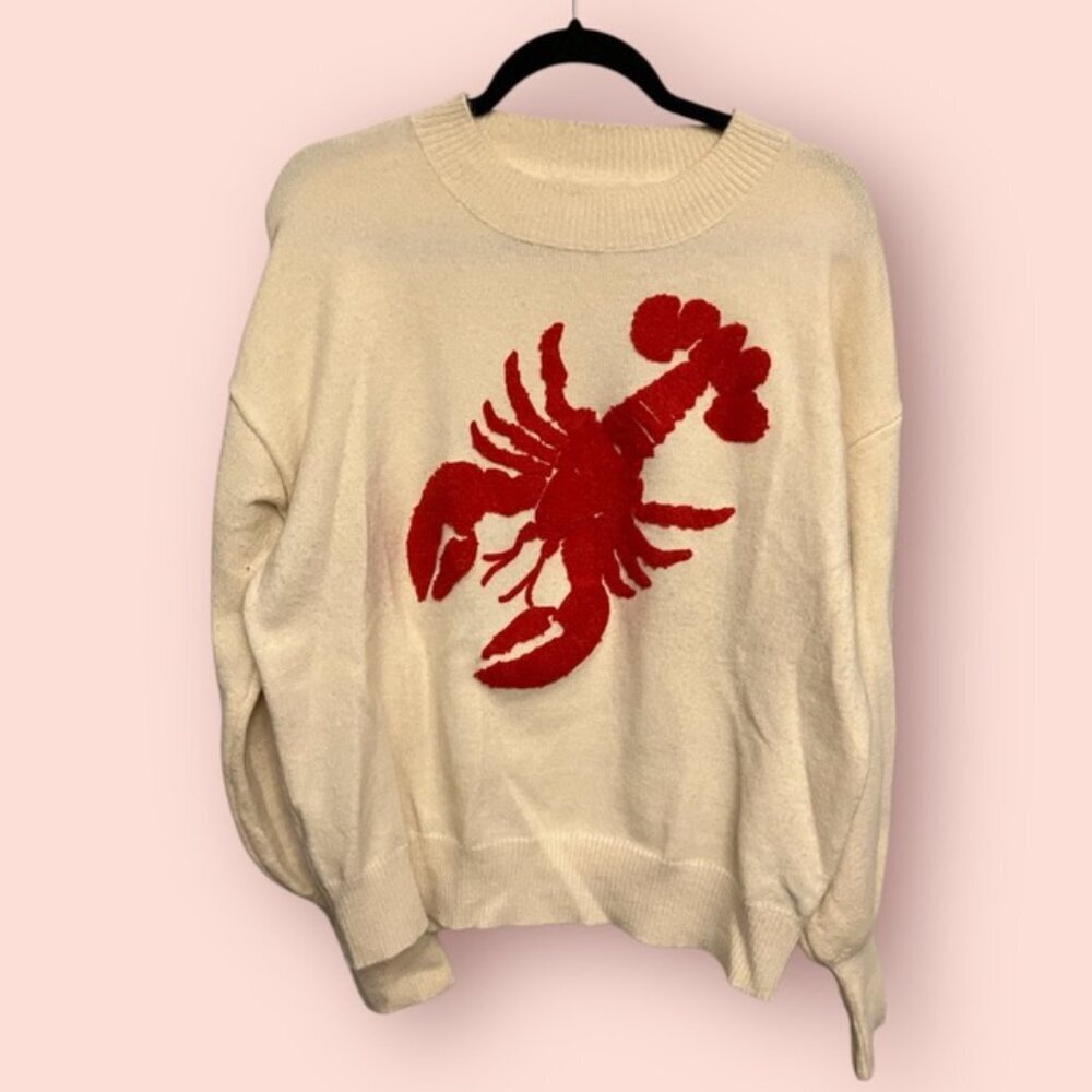Cider Cream Crewneck Sweater with Red Lobster Motif